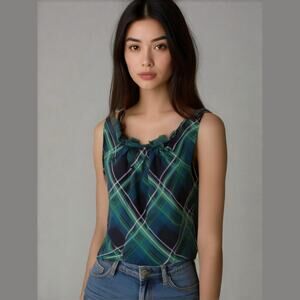 Talbots Silk Blue Green Tartan Plaid Ruffle Neck Sleeveless Classic Tank Top 8